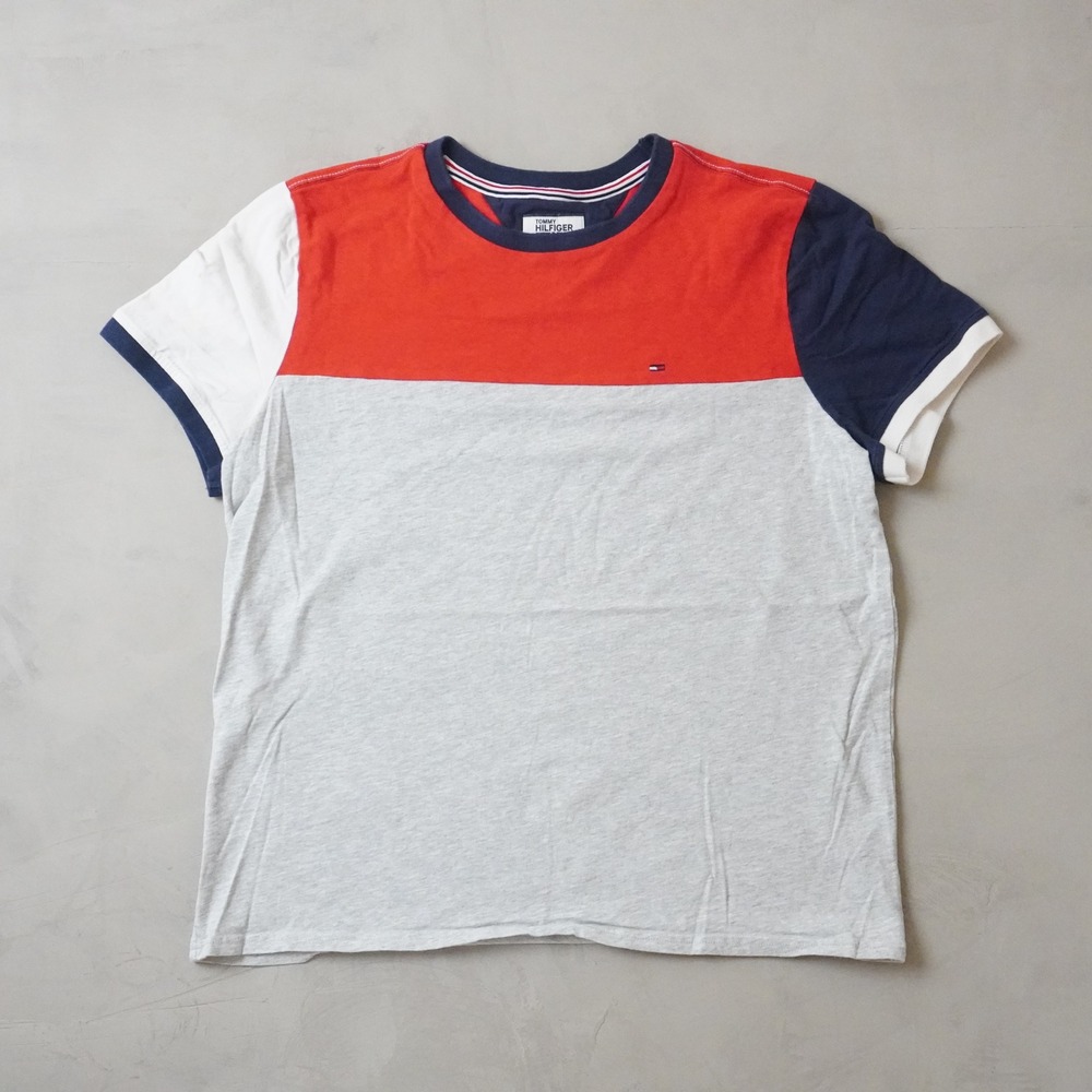 Tommy Hilfiger Denim T-Shirt Large Mens Colorblock Red Grey Navy Blue Ringer Y2K